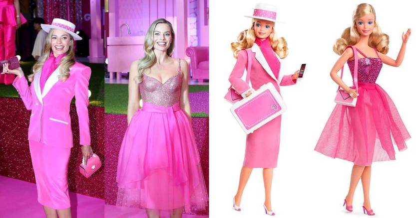 A atriz Margot Robbie utilizando looks inspirados na Barbie, durante eventos de divulgação do filme. Ao lado, as Barbies com as roupas que inspiraram os figurinos da atriz.